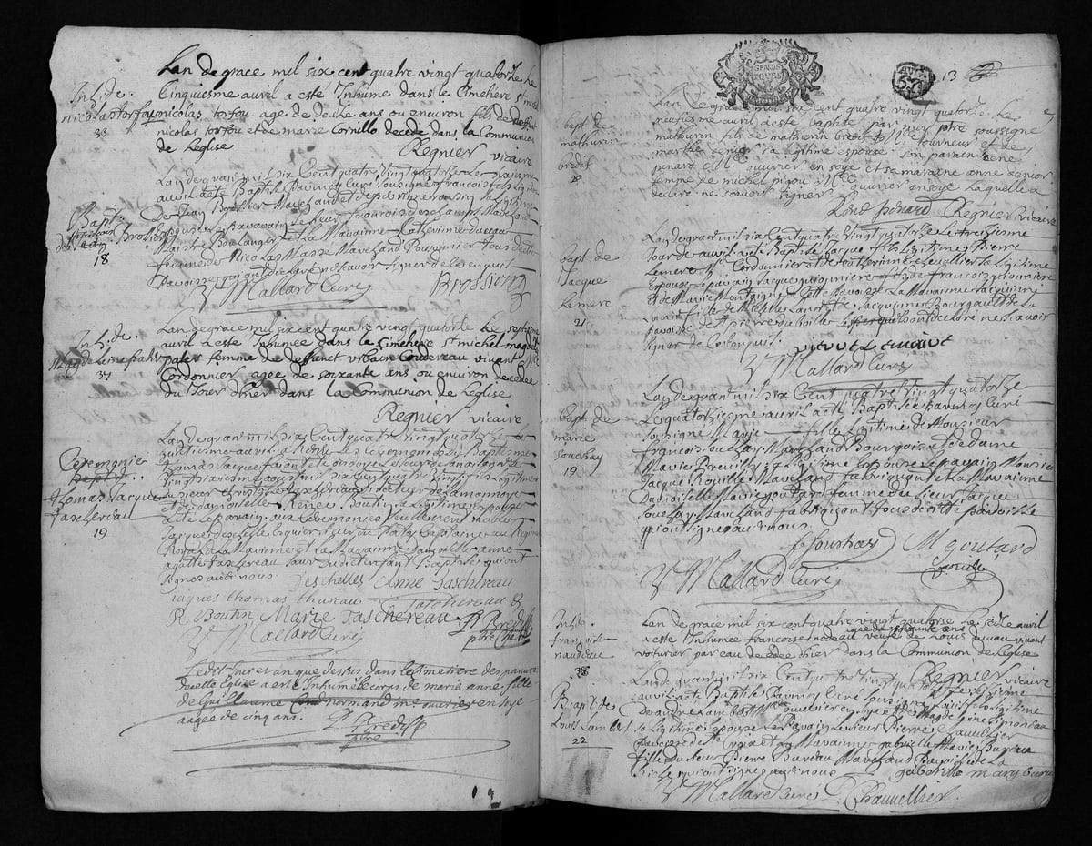 Acte des cérémonies du baptême de Thomas-Jacques Taschereau — la vue du registre de Saint-Pierre-le-Puellier, 8 avril 1694