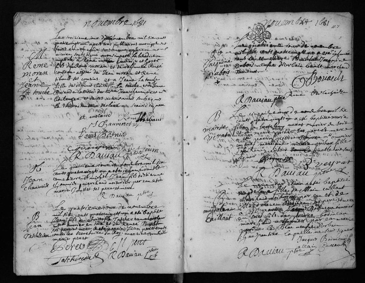 Acte de baptême de Jean Taschereau, Tours, paroisse Saint-Pierre-le-Puellier, 4 novembre 1681