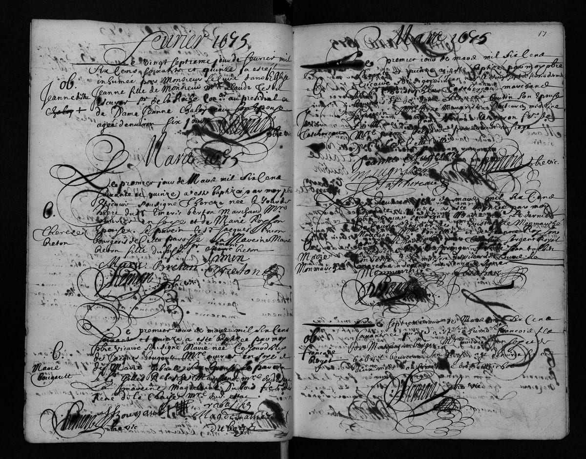 Acte de baptême de Jean Taschereau (premier du prénom), Tours, paroisse Saint-Pierre-le-Puellier, 1er mars 1675