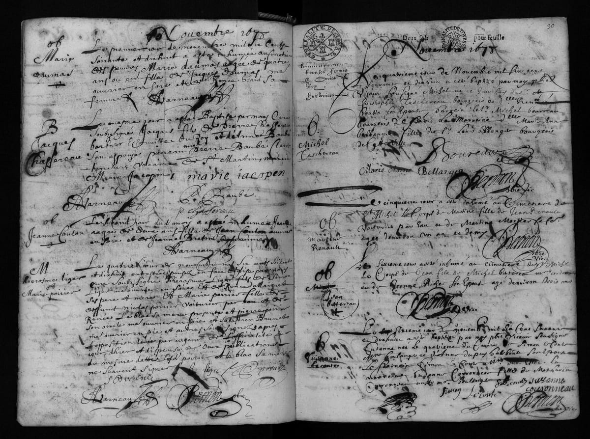 Acte de baptême de Michel Taschereau, Tours, paroisse Saint-Pierre-le-Puellier, 4 novembre 1678