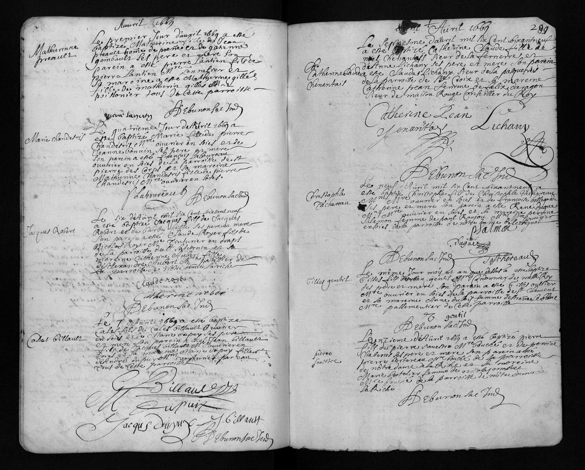 Acte de baptême de Christophe Taschereau (fils), Tours, paroisse Saint-Pierre-le-Puellier, 9 avril 1669