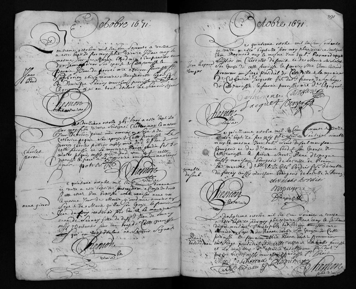 Acte de baptême de René Taschereau, Tours, paroisse Saint-Pierre-le-Puellier, 17 octobre 1671