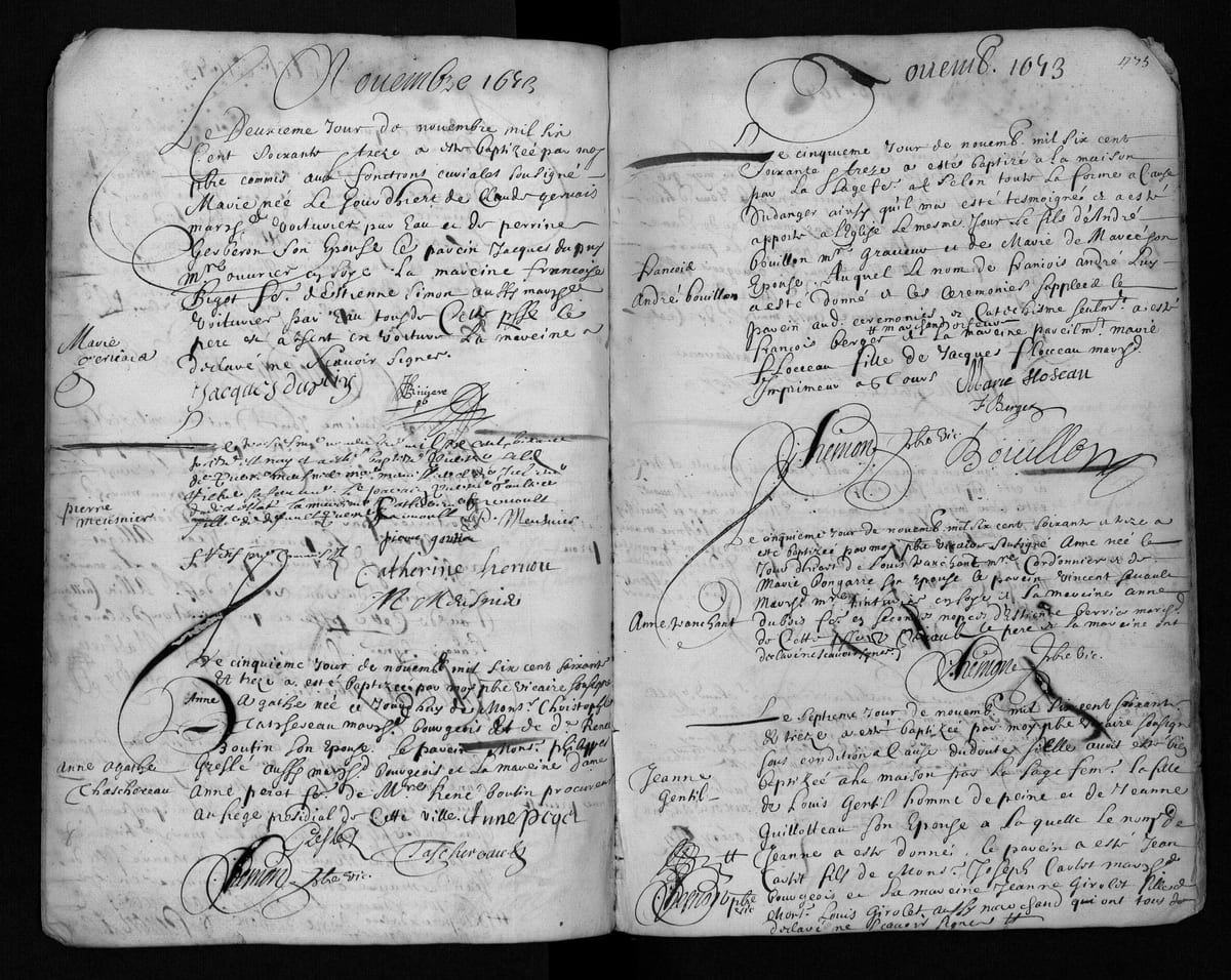 Acte de baptême d'Anne-Agathe Taschereau, Tours, paroisse Saint-Pierre-le-Puellier, 5 novembre 1673