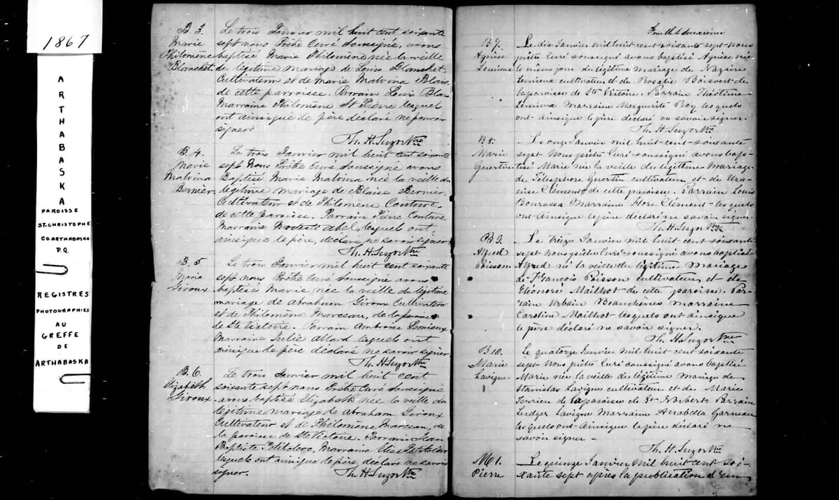 Acte de mariage de Taschereau et Pacaud, 15 janvier 1867 — page de registre (acte en fin de page)