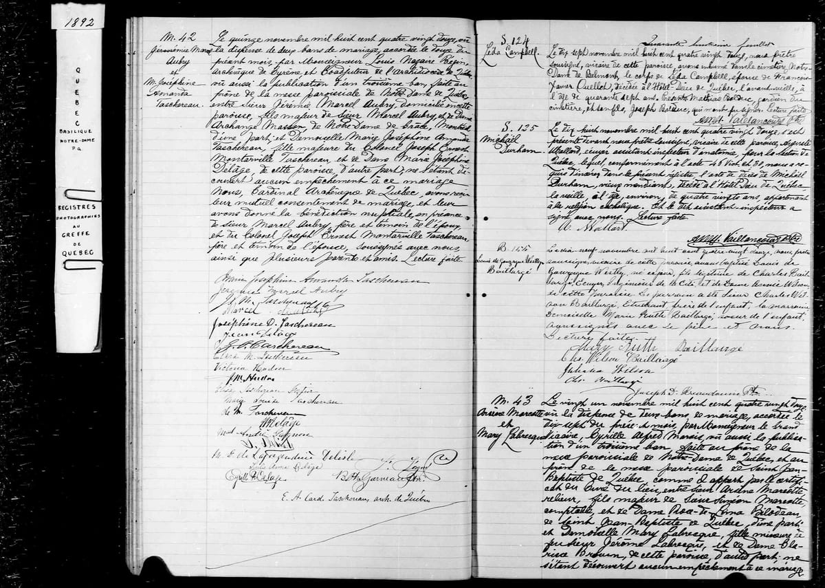 Acte M.42 du mariage de Jérémie-Marcel Aubry et Marie-Joséphine-Amanda Taschereau, Notre-Dame de Québec, 15 novembre 1892, célébré par le cardinal Taschereau