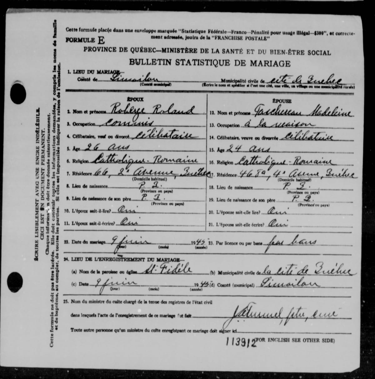 Bulletin statistique de mariage (Formule E, matricule 45-113912) de Roland Roberge et Madeleine Taschereau, paroisse St-Fidèle de Québec, 9 juin 1945
