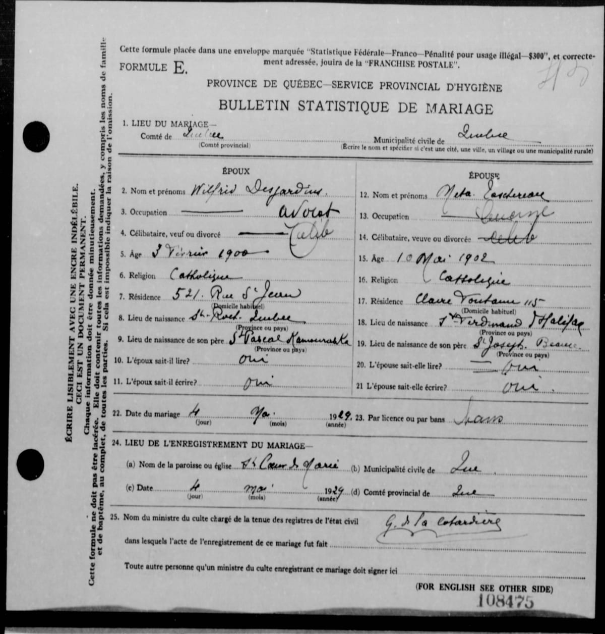 Bulletin statistique de mariage (Formule E, matricule 29-108475) de Wilfrid Desjardins et « Neta » Taschereau, paroisse St-Cœur-de-Marie de Québec, 4 mai 1929