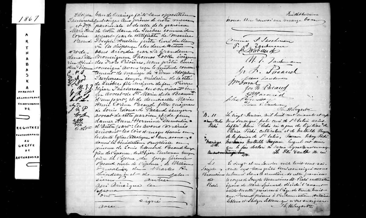 Acte de mariage de Pierre-Adolphe Taschereau et Marie-Anne-Corinne Pacaud, Saint-Christophe d'Arthabaska, 15 janvier 1867 — corps de l'acte et signatures