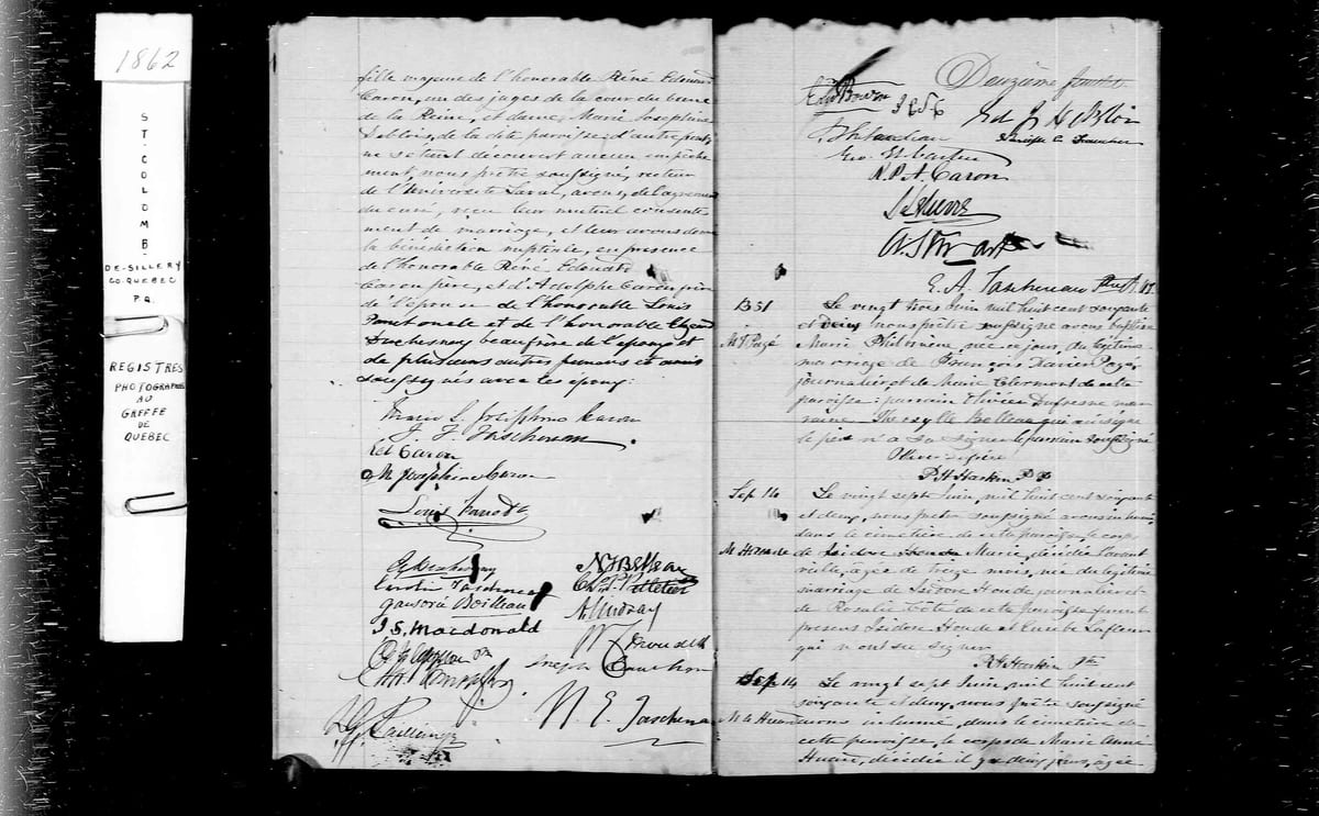 Acte M.7 du mariage de Jean-Thomas Taschereau et Marie-Louise-Joséphine Caron, Saint-Colomb de Sillery, 23 juin 1862 — fin de l'acte et signatures