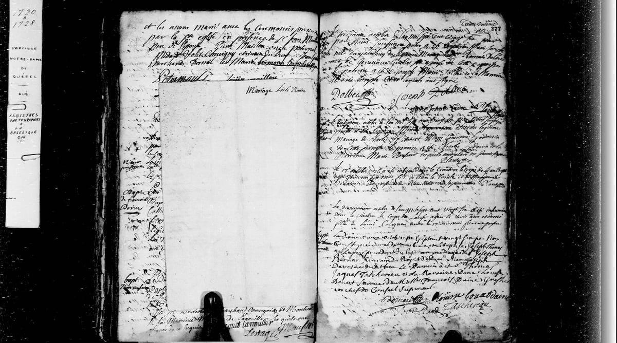 Registre de Notre-Dame de Québec, 19 octobre 1726 : baptême de Joseph-Thomas Bernard, dont Thomas-Jacques Taschereau est le parrain