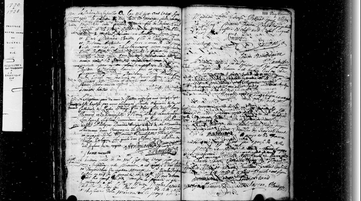 Registre de Notre-Dame de Québec, 9 juillet 1727 : baptême de Marie-Félicité Hiché, dont Thomas-Jacques Taschereau, sieur de Sapaillé, est le parrain