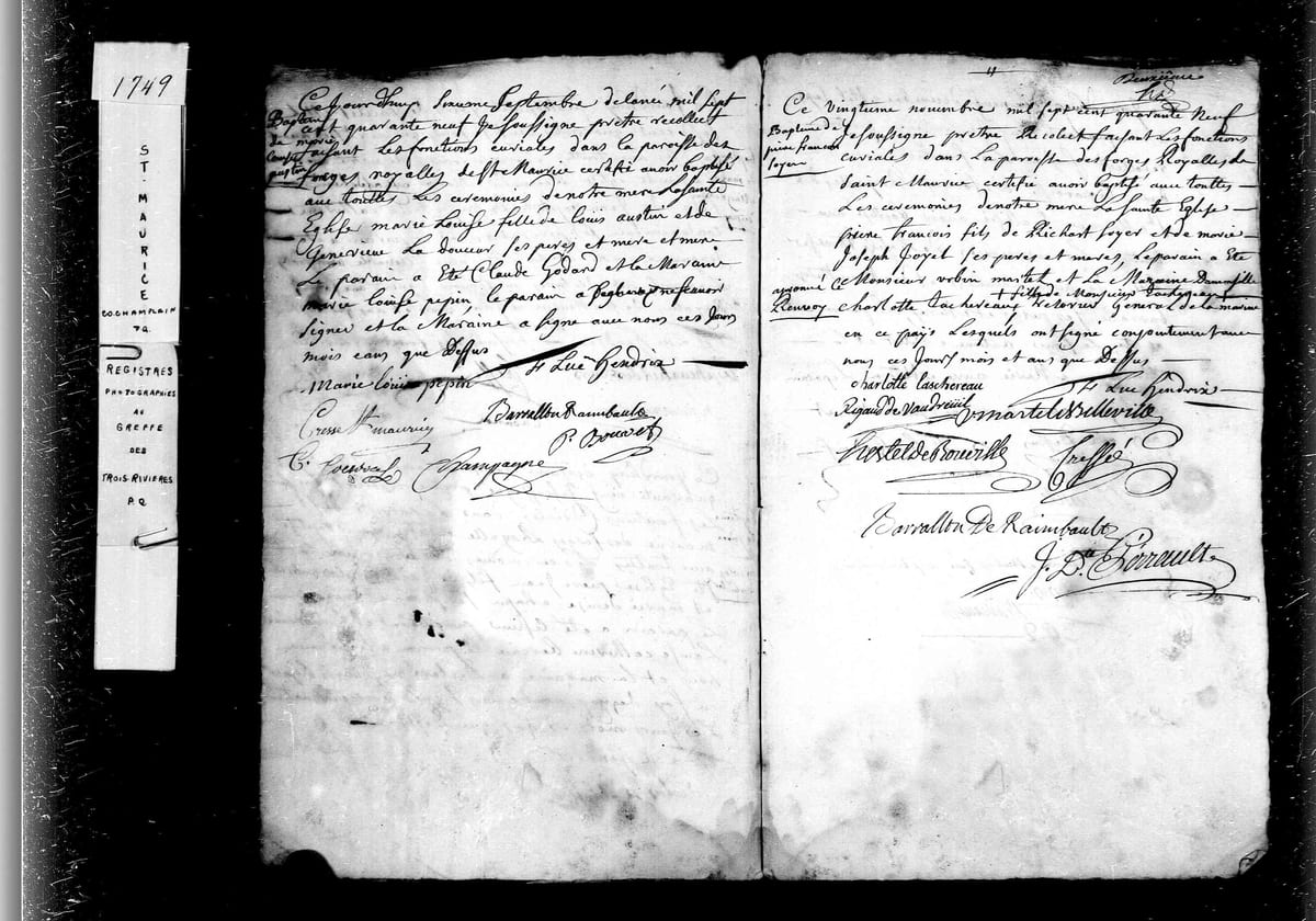 Registre des Forges royales de Saint-Maurice, 20 novembre 1749 : baptême de Pierre-François Soyer, dont Charlotte Taschereau est la marraine