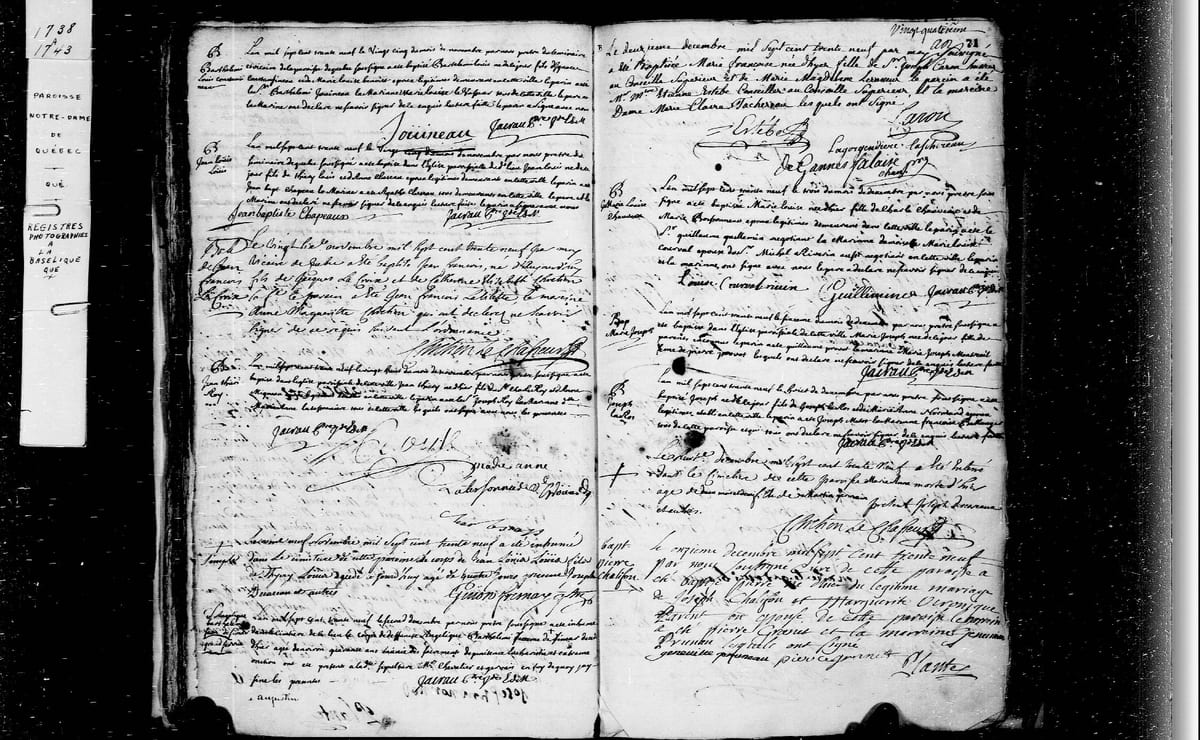 Registre de Notre-Dame de Québec, 2 décembre 1739 : baptême de Marie-Françoise Caron, dont Marie-Claire Fleury de la Gorgendière, « dame Taschereau », est la marraine