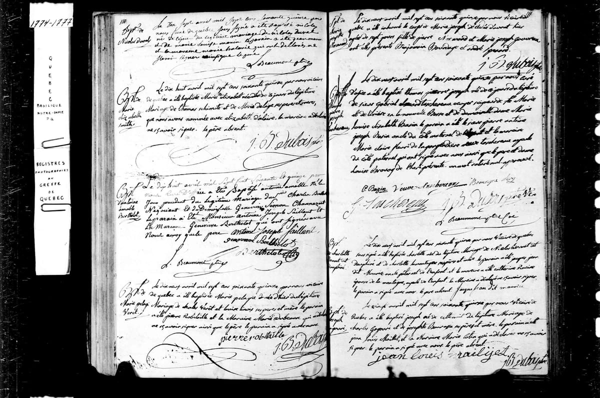 Acte de baptême de Thomas-Pierre-Joseph Taschereau, Notre-Dame de Québec, 19 avril 1775
