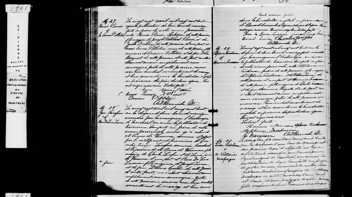 Acte M.29 du mariage d'Alphonse Taschereau et Hermine Manseau, Saint-Pierre-Apôtre de Montréal, 27 avril 1908