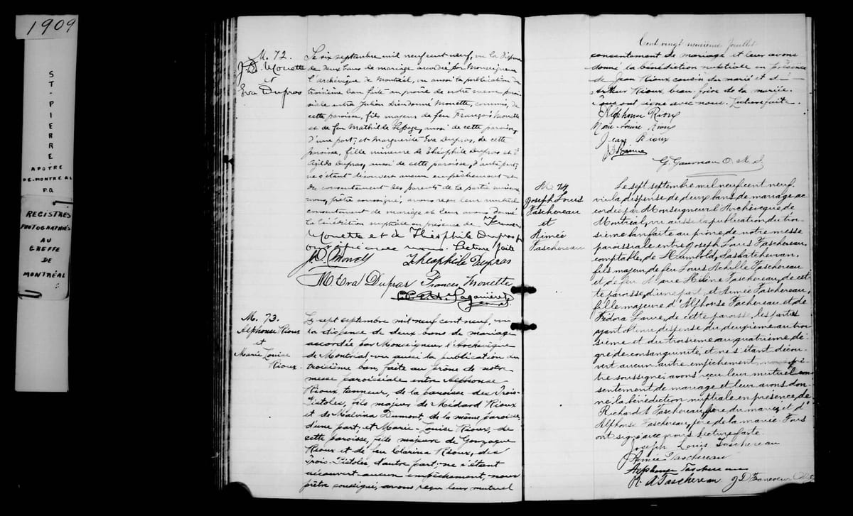 Acte M.74 du mariage de Joseph-Louis Taschereau et Aimée Taschereau, Saint-Pierre-Apôtre de Montréal, 7 septembre 1909