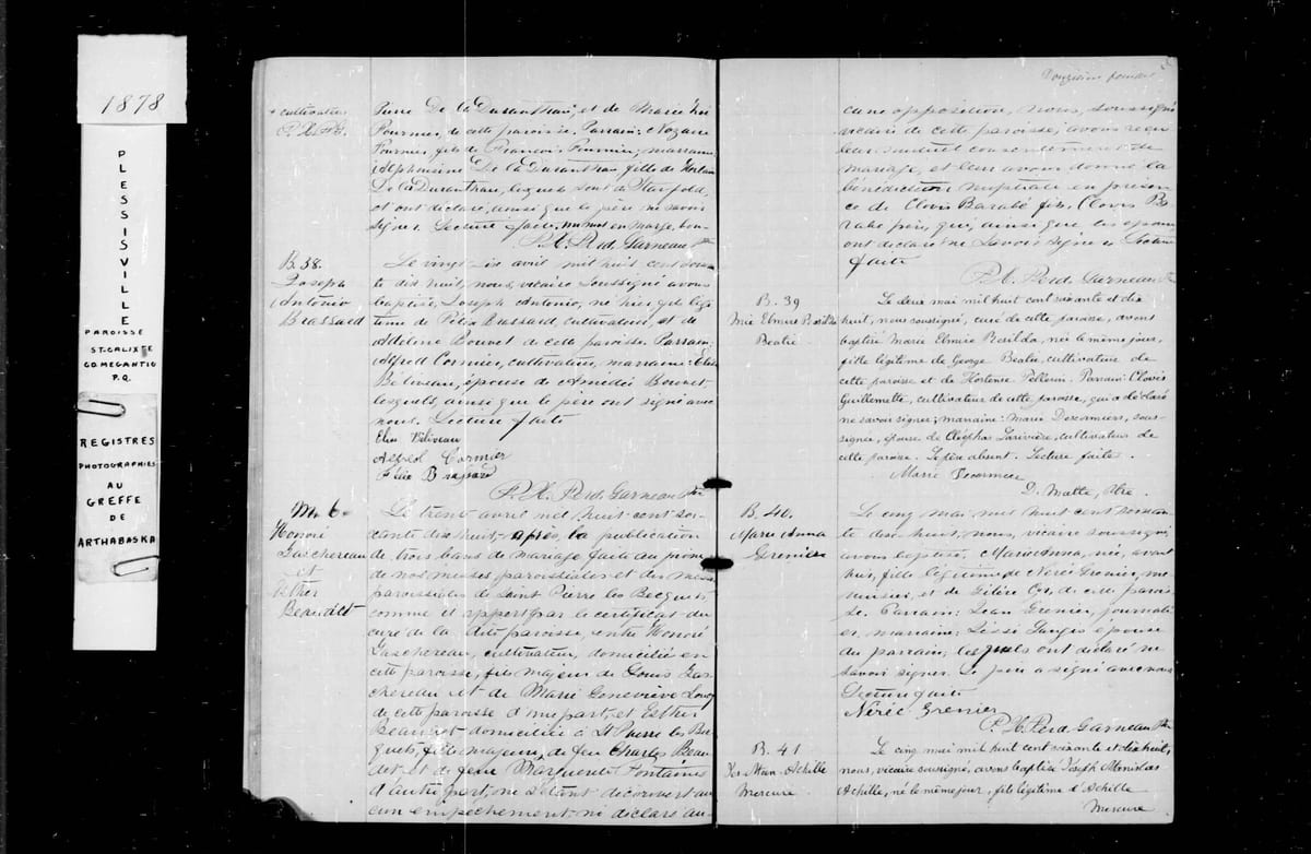 Acte M.6 du mariage d'Honoré Taschereau et Esther Beaudet, Plessisville, 30 avril 1878 — la mère du marié est « Marie Geneviève Lang »