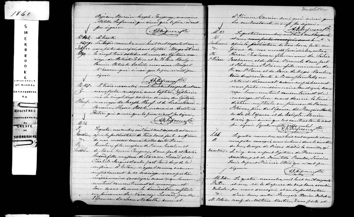 Acte M.23 du mariage d'Honoré Taschereau et Philomène Saint-Pierre, cathédrale Saint-Michel de Sherbrooke, 4 novembre 1861