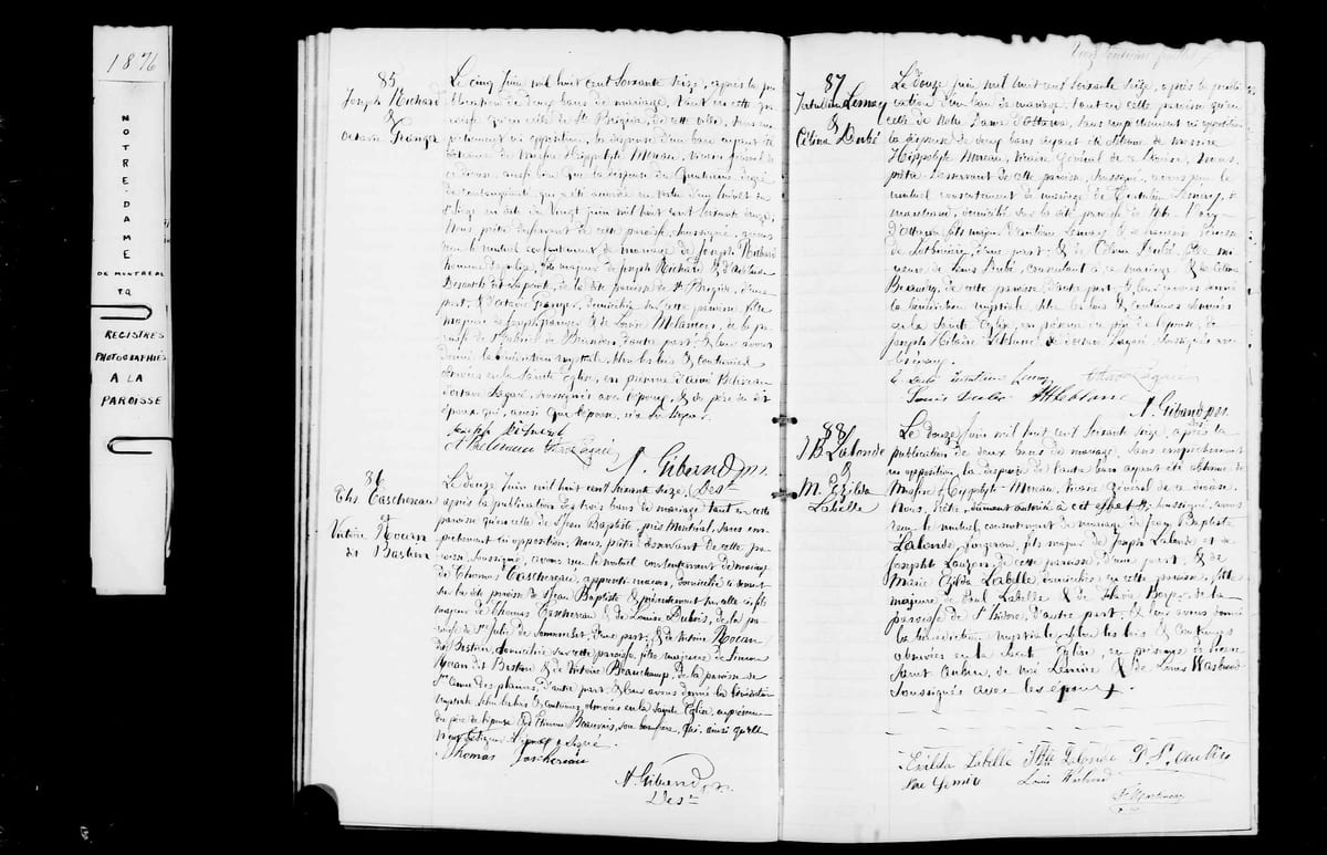 Acte n° 86 du mariage de Thomas Taschereau et Victoire Rocan dit Bastien, Notre-Dame de Montréal, 12 juin 1876