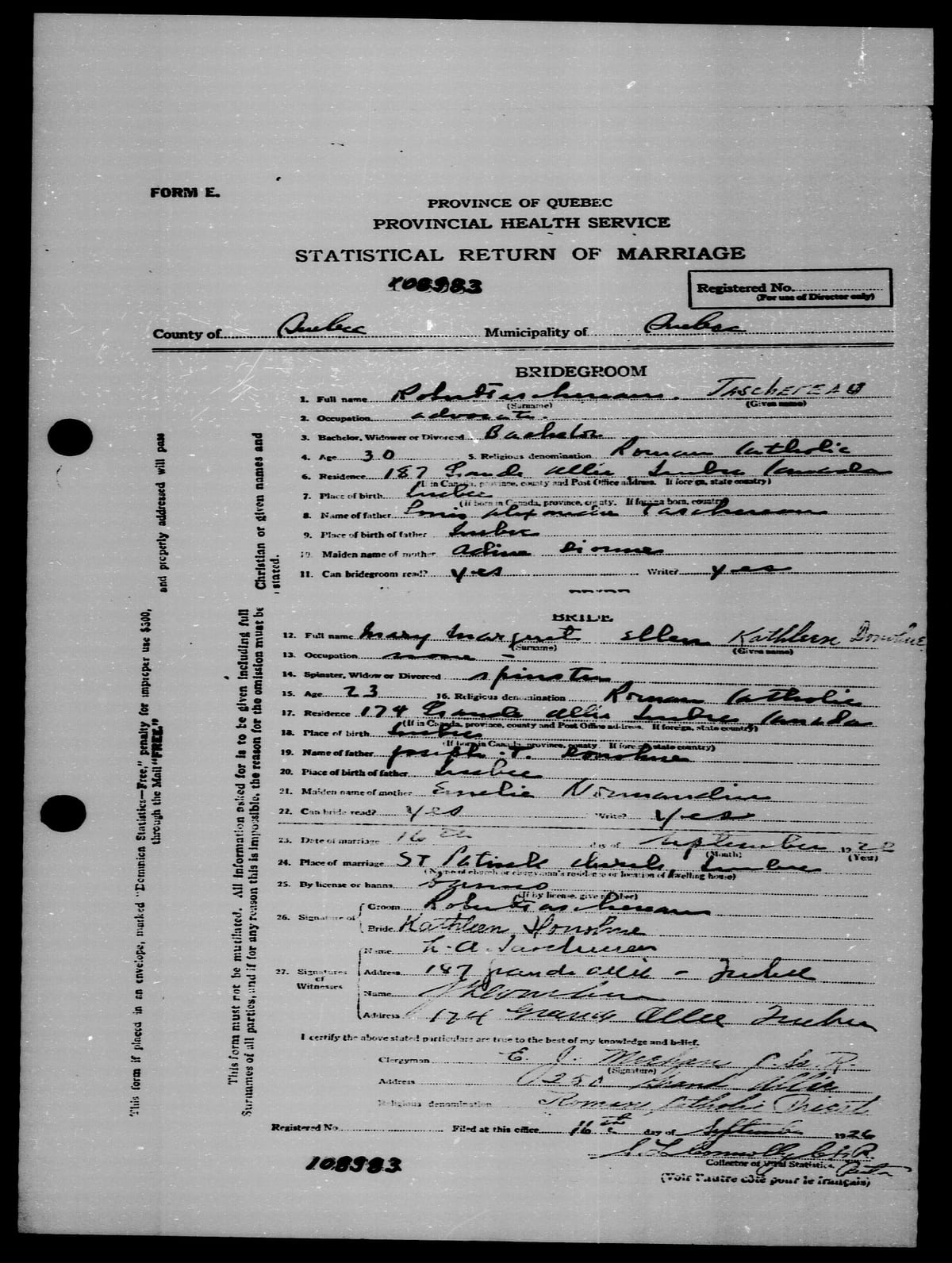 Statistical Return of Marriage (Form E, matricule 26-108983) de Robert Taschereau et Mary Margaret Ellen Kathleen Donohue, St. Patrick's, Québec, 16 septembre 1926