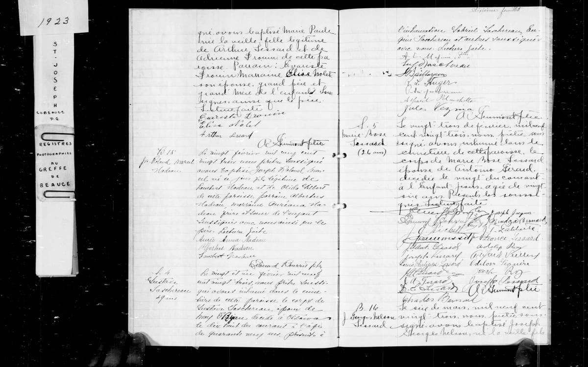 Acte S.4 de la sépulture de Gustave Taschereau, Saint-Joseph-de-Beauce, 21 février 1923 — « décédé à Ottawa le dix-huit du courant »