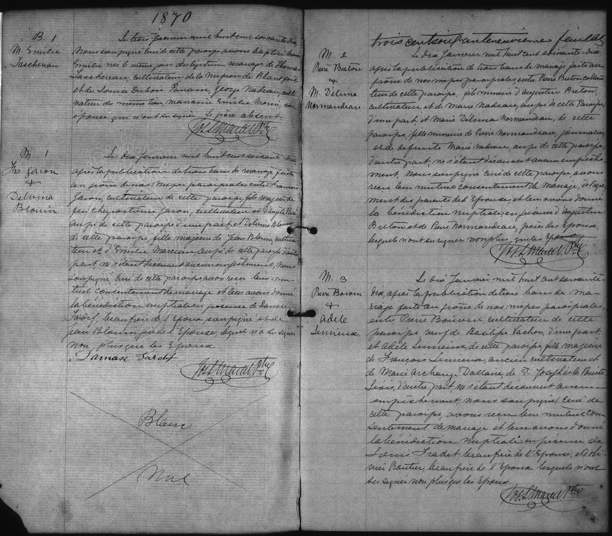 Acte B.1 du baptême de Marie-Émilie Taschereau, Sainte-Julie-de-Somerset (Laurierville), 3 janvier 1870