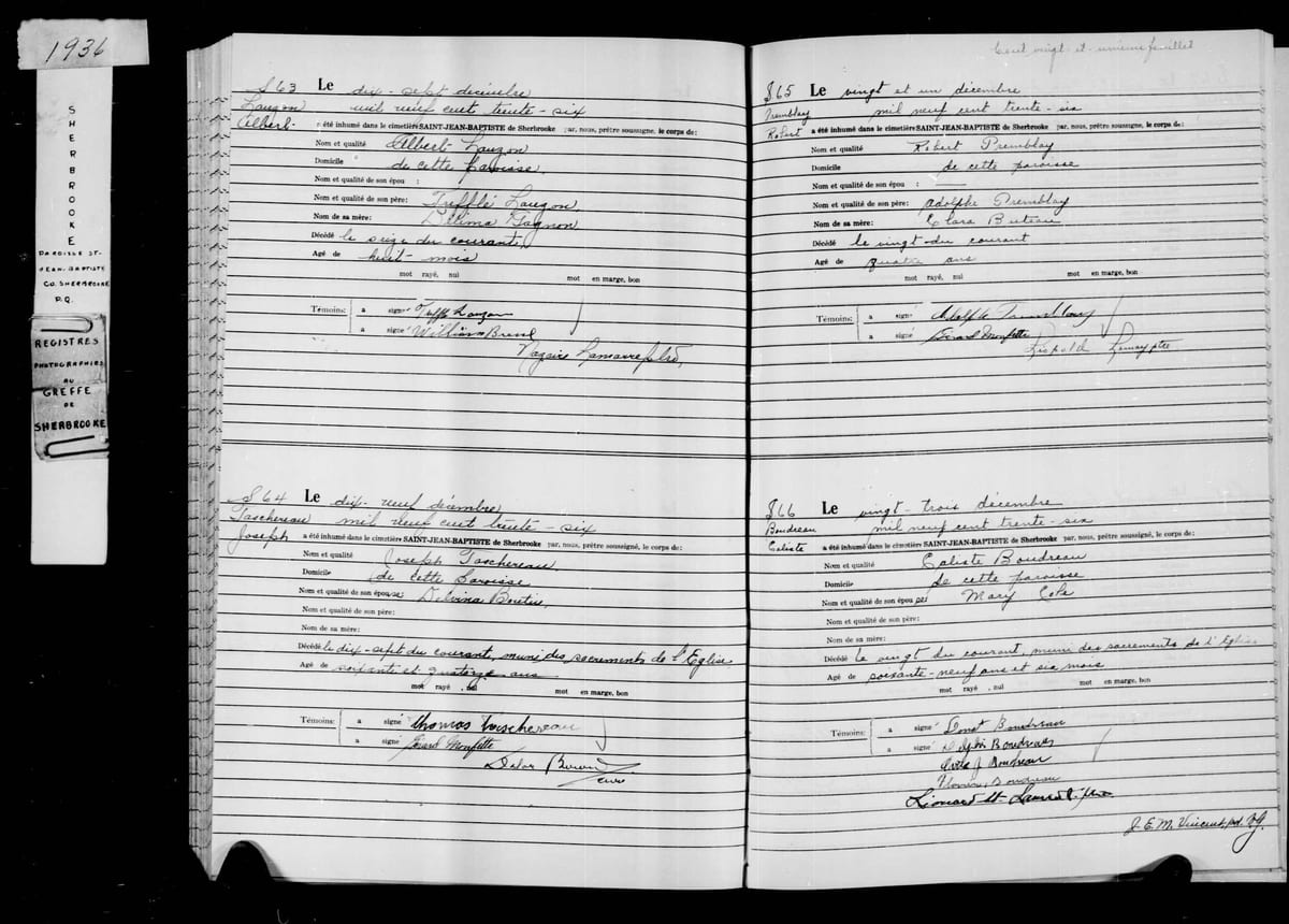 Acte S.64 de la sépulture de Joseph Taschereau, Saint-Jean-Baptiste de Sherbrooke, 19 décembre 1936 — « décédé le dix-sept du courant »