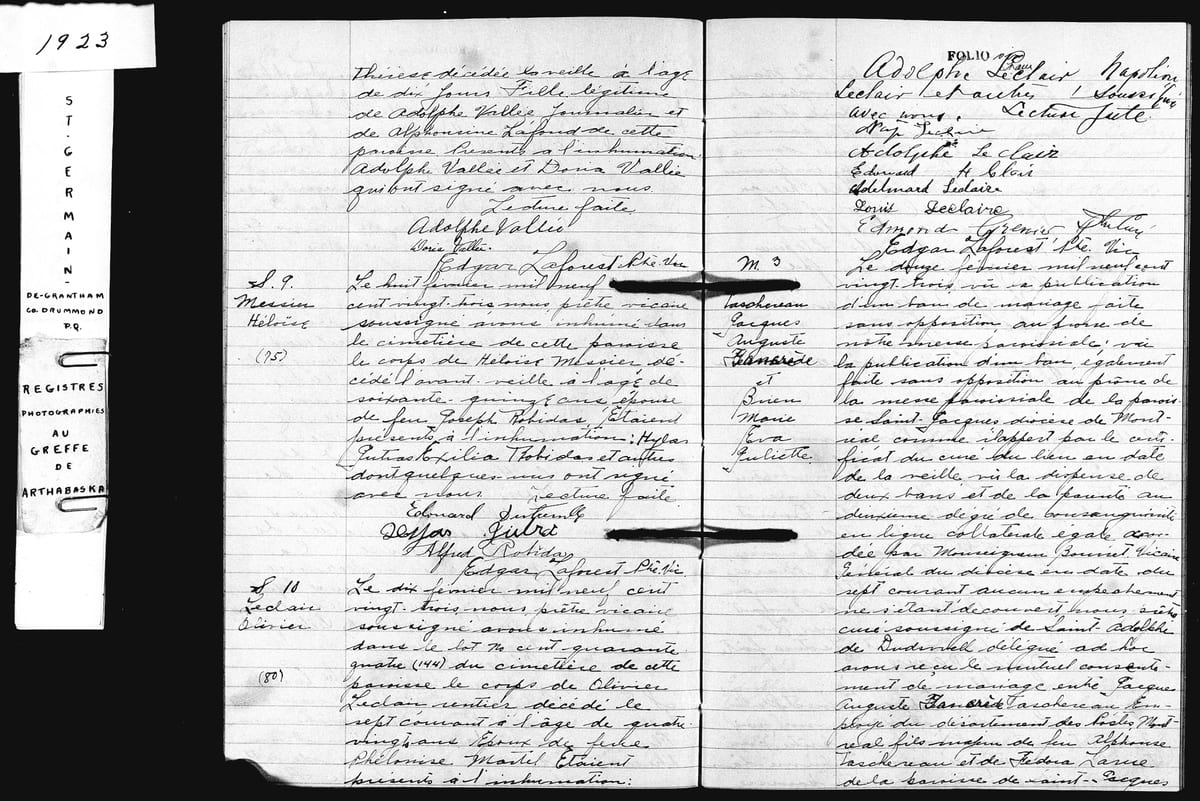 Acte M.3 du mariage de Jacques-Auguste-Tancrède Taschereau et Marie-Eva-Juliette Brien, Saint-Germain-de-Grantham, 12 février 1923 — première page
