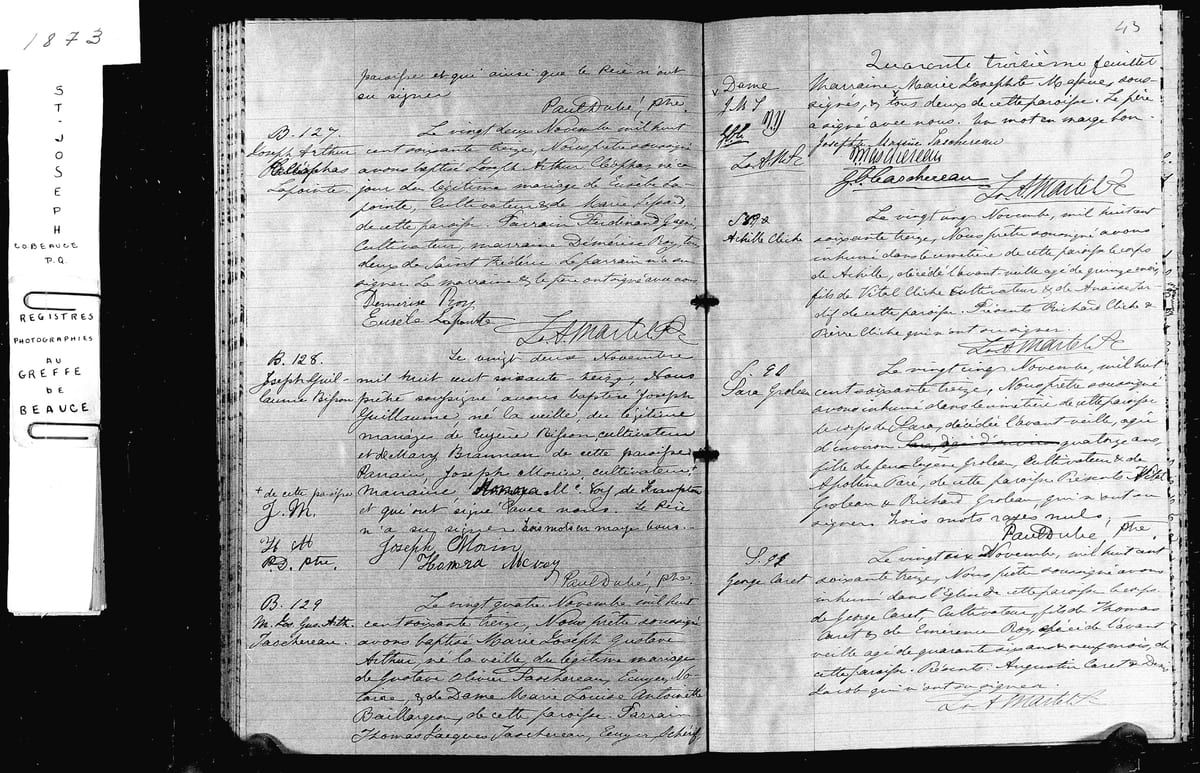 Acte B.129 du baptême de Marie-Joseph-Gustave-Arthur Taschereau, Saint-Joseph-de-Beauce, 24 novembre 1873 — sa mère est Marie-Louise-Antoinette Baillargeon