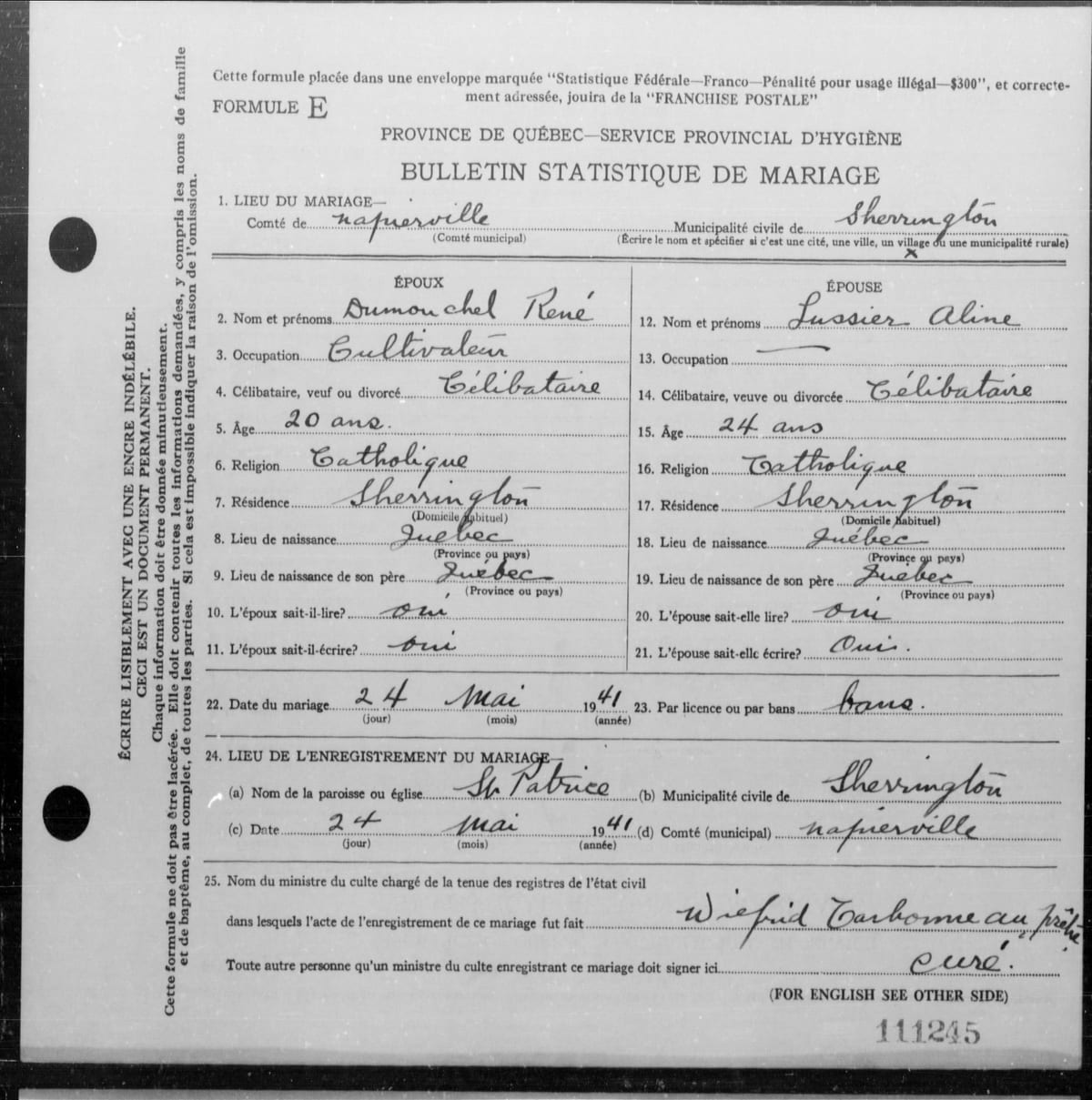 Bulletin statistique de mariage (Formule E, matricule 41-111245) de René Dumouchel et Aline Lussier, paroisse St-Patrice de Sherrington, 24 mai 1941
