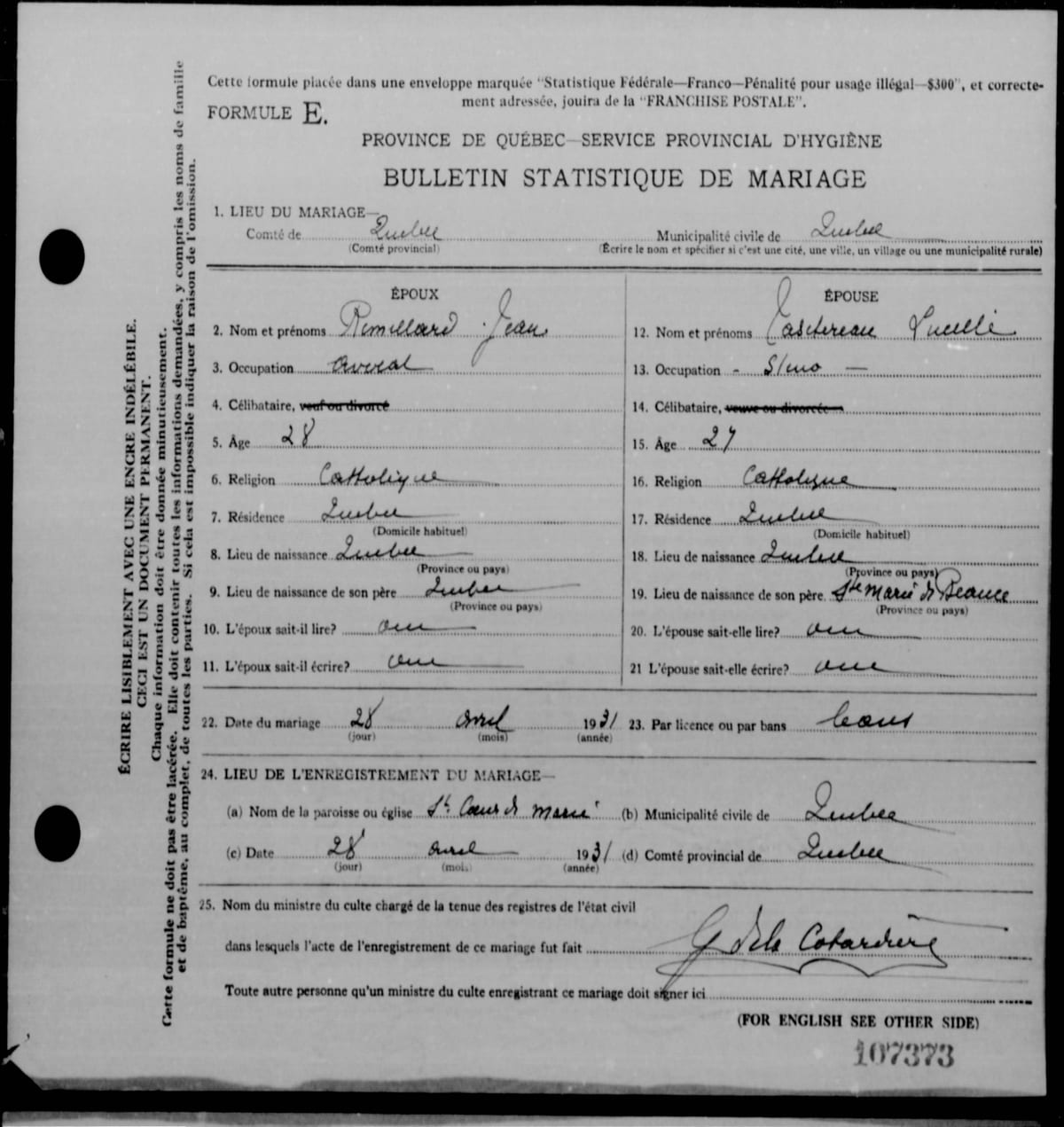Bulletin statistique de mariage (Formule E) de Jean Rémillard et de Lucille Taschereau, Saint-Cœur-de-Marie de Québec, 28 avril 1931