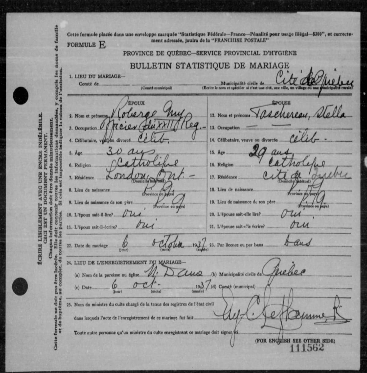 Bulletin statistique de mariage (Formule E) de Guy Roberge et de Stella Taschereau, Notre-Dame de Québec, 6 octobre 1937