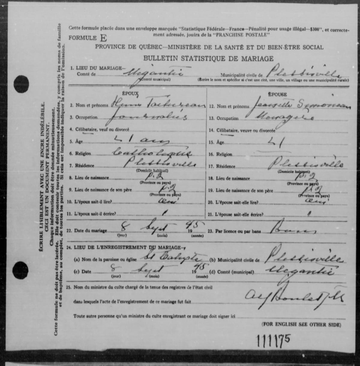 Bulletin statistique de mariage (Formule E) de Denis Taschereau et de Jeannette Simoneau, Saint-Calixte de Plessisville, 8 septembre 1945