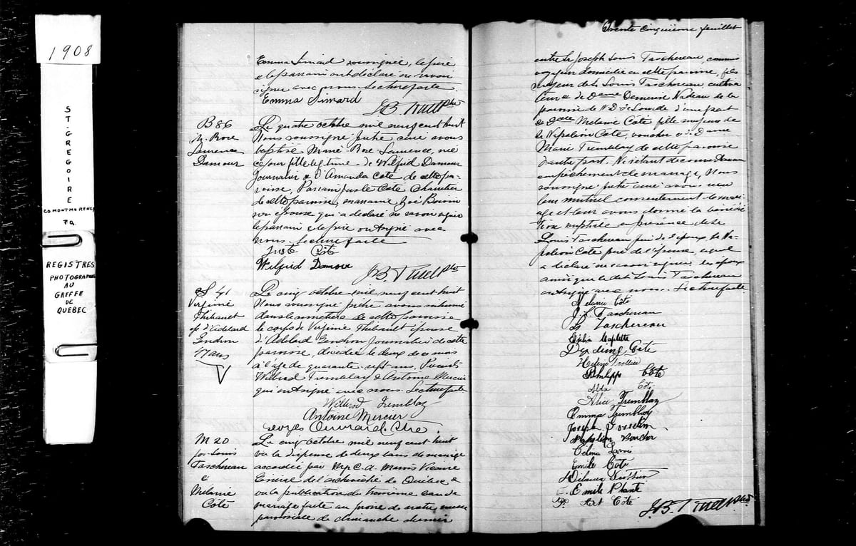 Acte M.20 du mariage de Joseph-Louis Taschereau et de Mélanie Côté, Saint-Grégoire de Montmorency, 5 octobre 1908