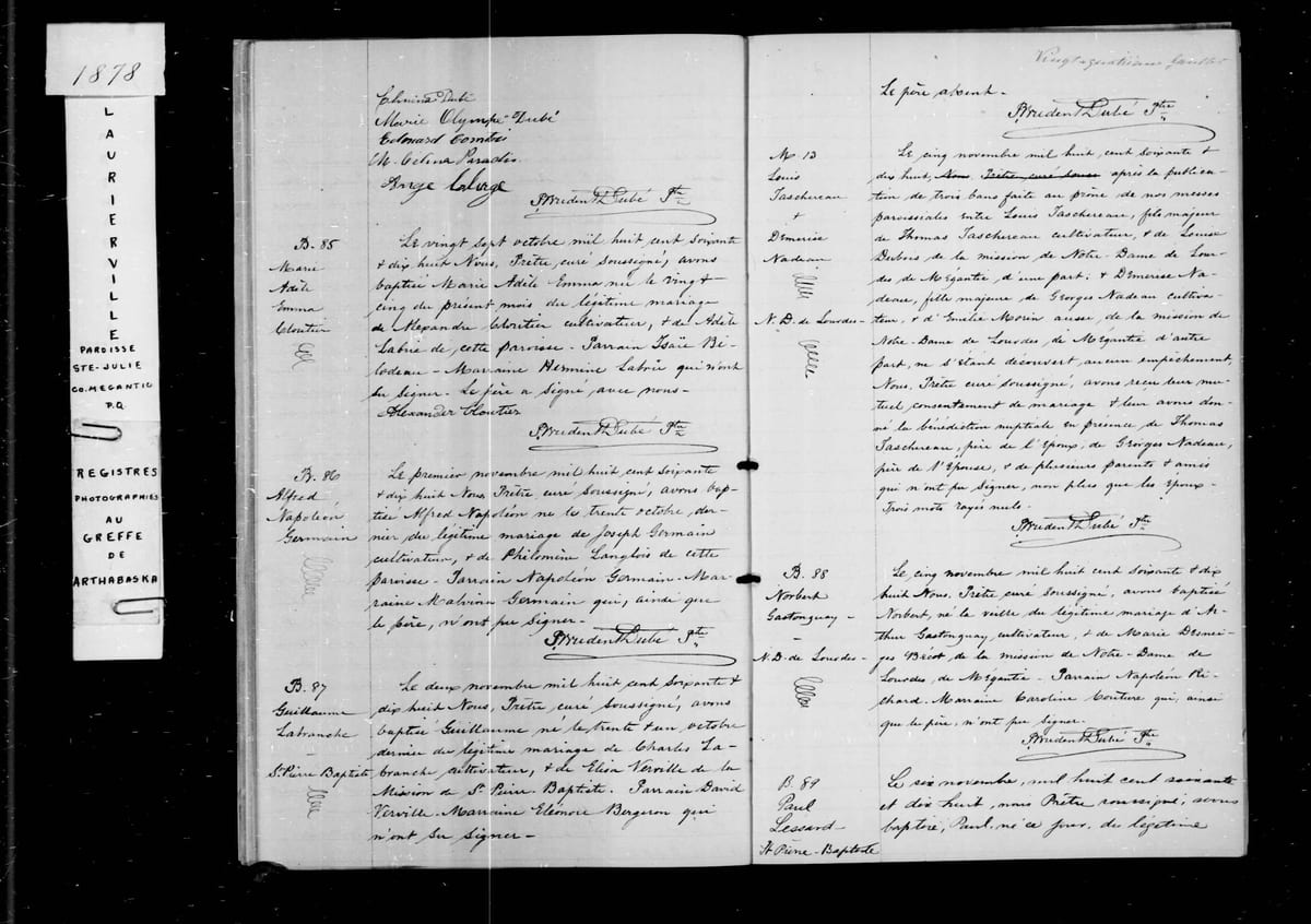 Acte M.13 du mariage de Louis Taschereau et de Démerise Nadeau, Laurierville (Sainte-Julie-de-Somerset), 5 novembre 1878