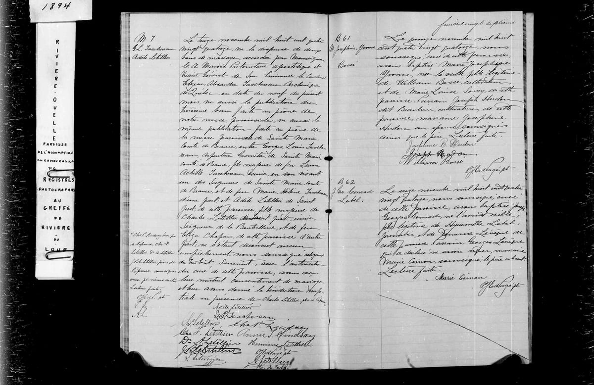 Acte M.7 du mariage de Georges-Louis Taschereau et d'Adèle Letellier de Saint-Just, Rivière-Ouelle, 13 novembre 1894