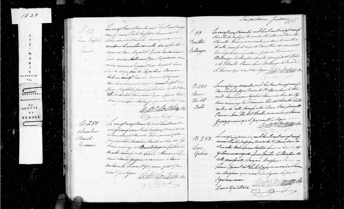 Acte B.252 du baptême de Louis Épictière, fils de Louis Épictière et de Maryan Bingham, Sainte-Marie-de-Beauce, 25 novembre 1829