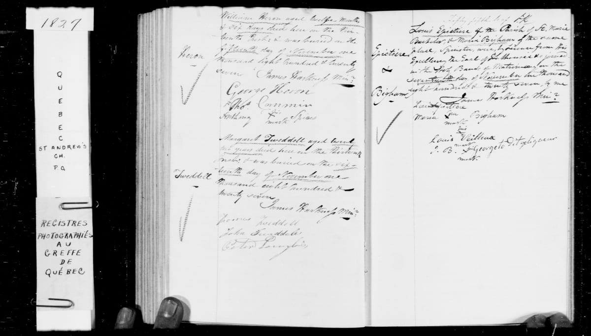 Acte de mariage de Louis Épictière et de Maria Bigham, Saint Andrew's Church de Québec, 17 novembre 1827