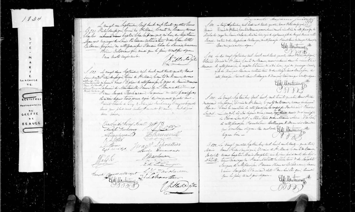 Acte de sépulture de Françoise Boucher de Montarville, veuve du seigneur Thomas-Pierre-Joseph Taschereau, Sainte-Marie-de-Beauce, 22 septembre 1834