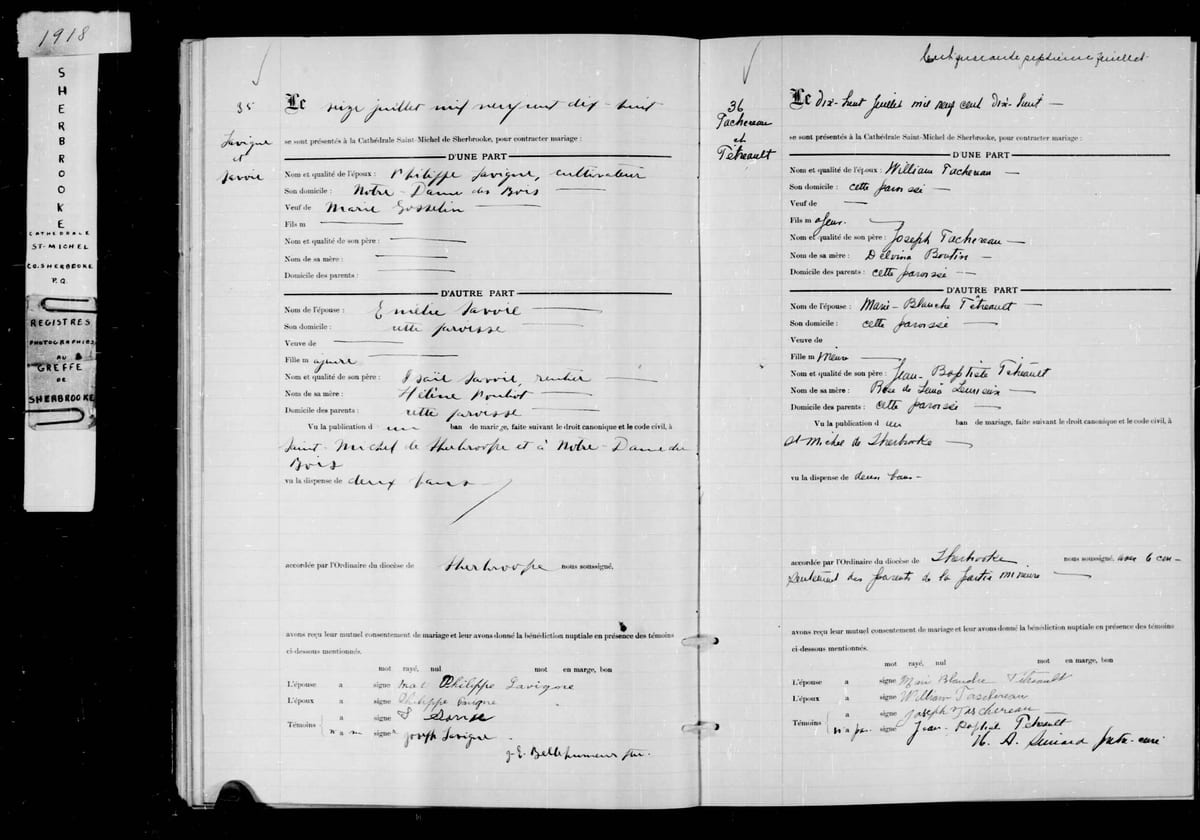 Acte de mariage de William Taschereau et de Marie-Blanche Tétreault, cathédrale Saint-Michel de Sherbrooke, 18 juillet 1918