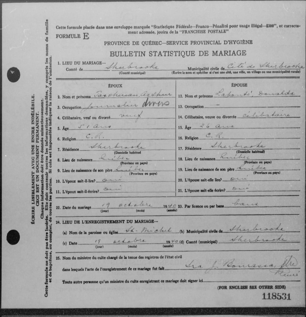 Bulletin statistique de mariage (Formule E, matricule 40-118531) d'Arthur Taschereau et de Donalda Labonté, paroisse Saint-Michel de Sherbrooke, 19 octobre 1940