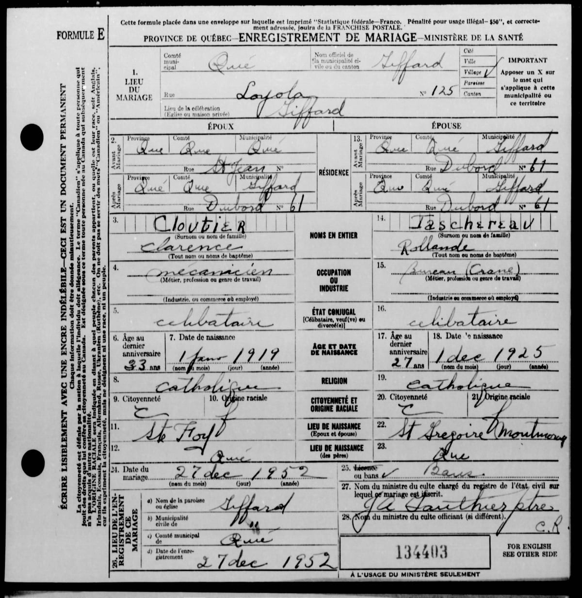 Bulletin statistique de mariage (Formule E, matricule 52-134403) de Clarence Cloutier et de Rollande Taschereau, Giffard, 27 décembre 1952