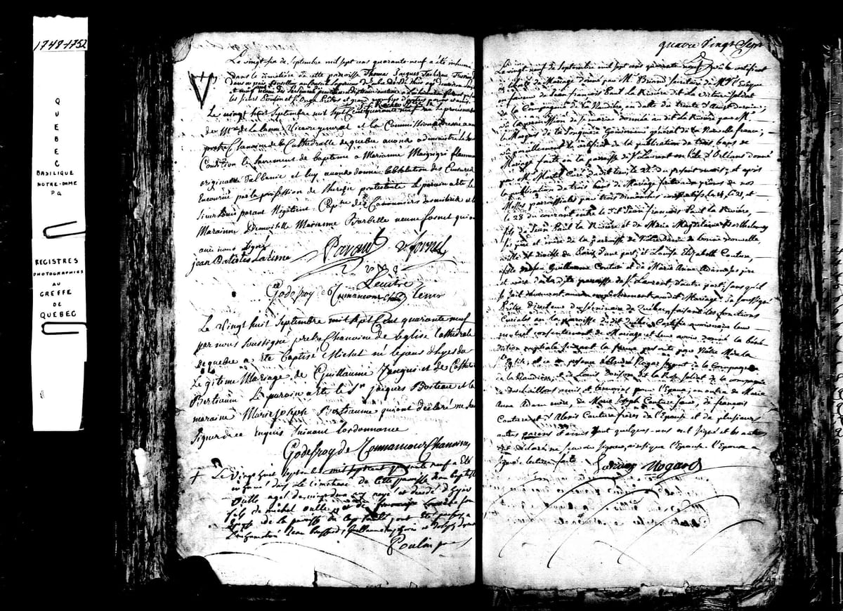 Acte de sépulture de Thomas-Jacques Taschereau, trésorier du Roi et conseiller au Conseil supérieur, Notre-Dame de Québec, 26 septembre 1749