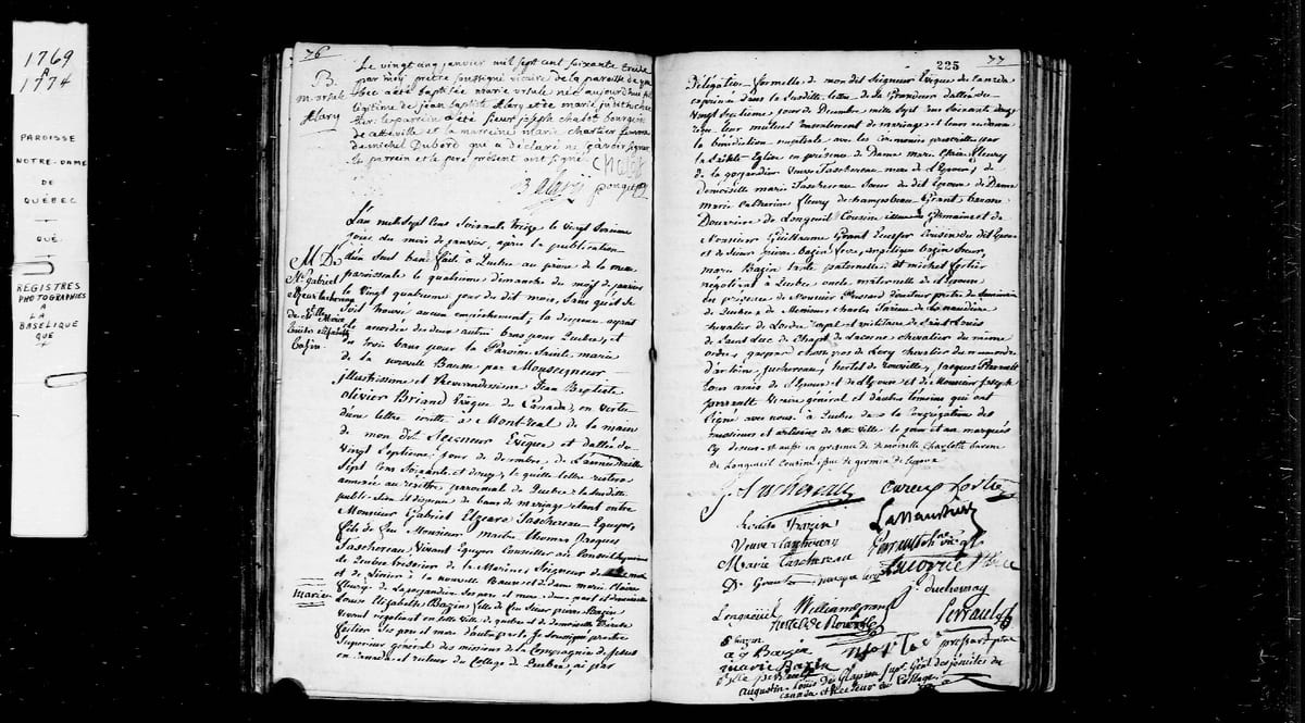 Acte de mariage de Gabriel-Elzéar Taschereau et de Louise-Élisabeth Bazin, Notre-Dame de Québec, 26 janvier 1773