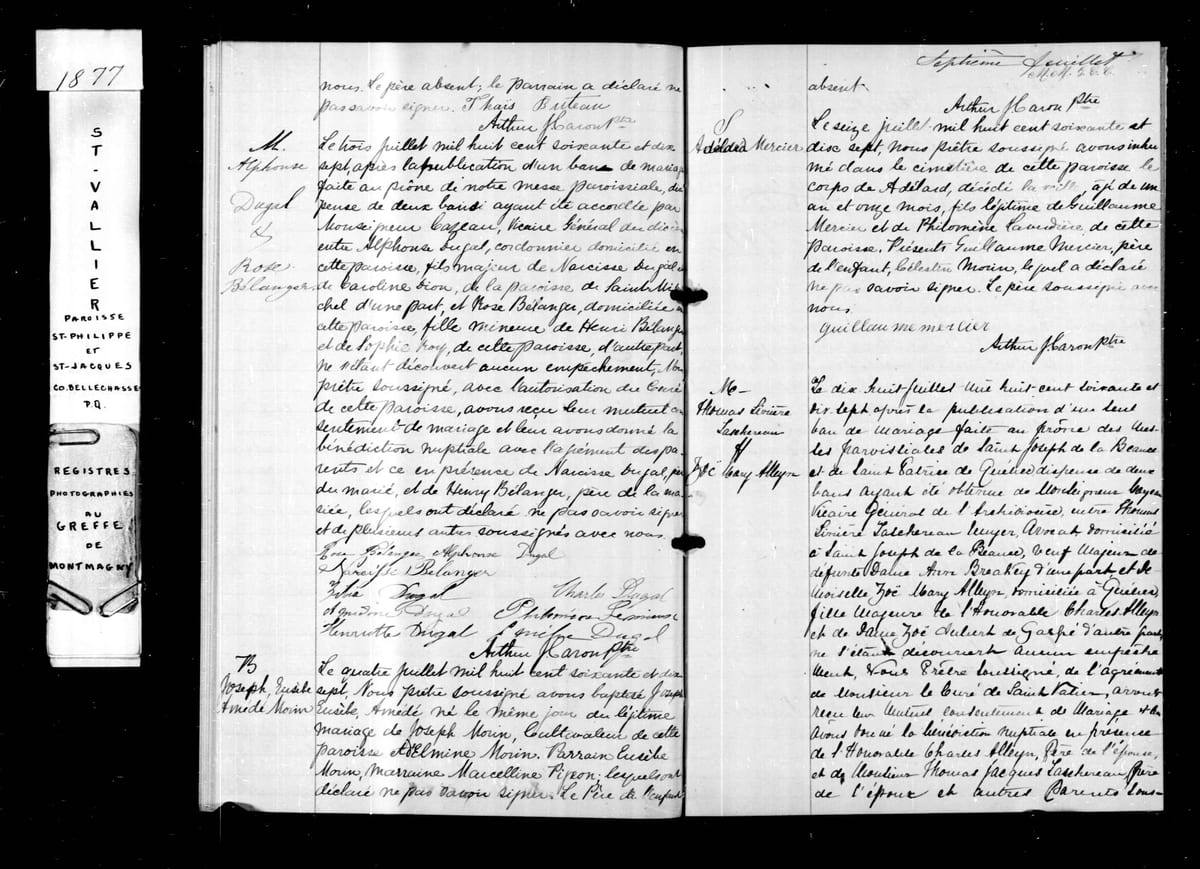 Acte de mariage de Thomas-Linière Taschereau et de Zoé Mary Alleyn, St-Vallier, 18 juillet 1877