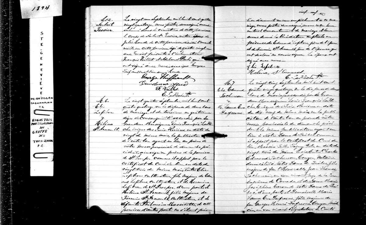 Acte de mariage de Charles-Edmond Taschereau et de Marie-Laura-Éva Dufresne, Sainte-Geneviève-de-Batiscan, 25 septembre 1894