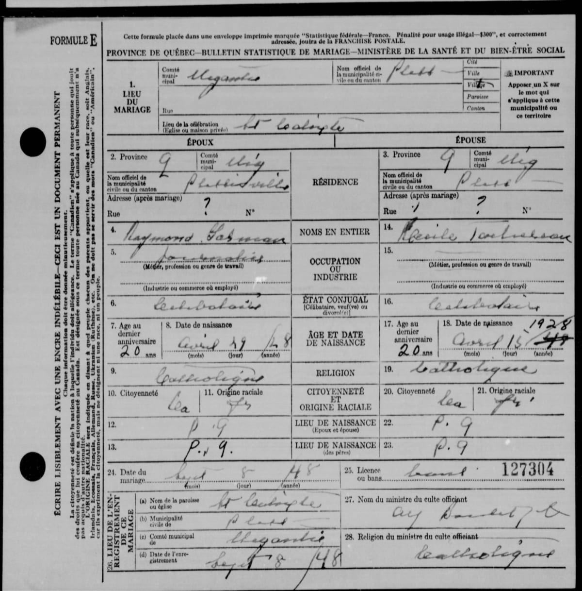 Bulletin statistique de mariage (Formule E) de Raymond Garneau et de Cécile Taschereau, Saint-Calixte de Plessisville, 8 septembre 1948