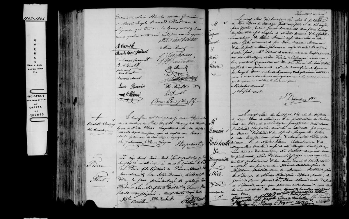 Acte de mariage de Jean-Thomas Taschereau et de Marie Panet, Notre-Dame de Québec, 19 mai 1806 (seconde frame, les signatures)