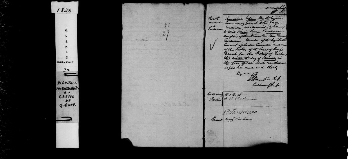 Acte de mariage de Randolph-Isham Routh et de Marie-Louise Taschereau, Garrison Church de Québec, 16 janvier 1830