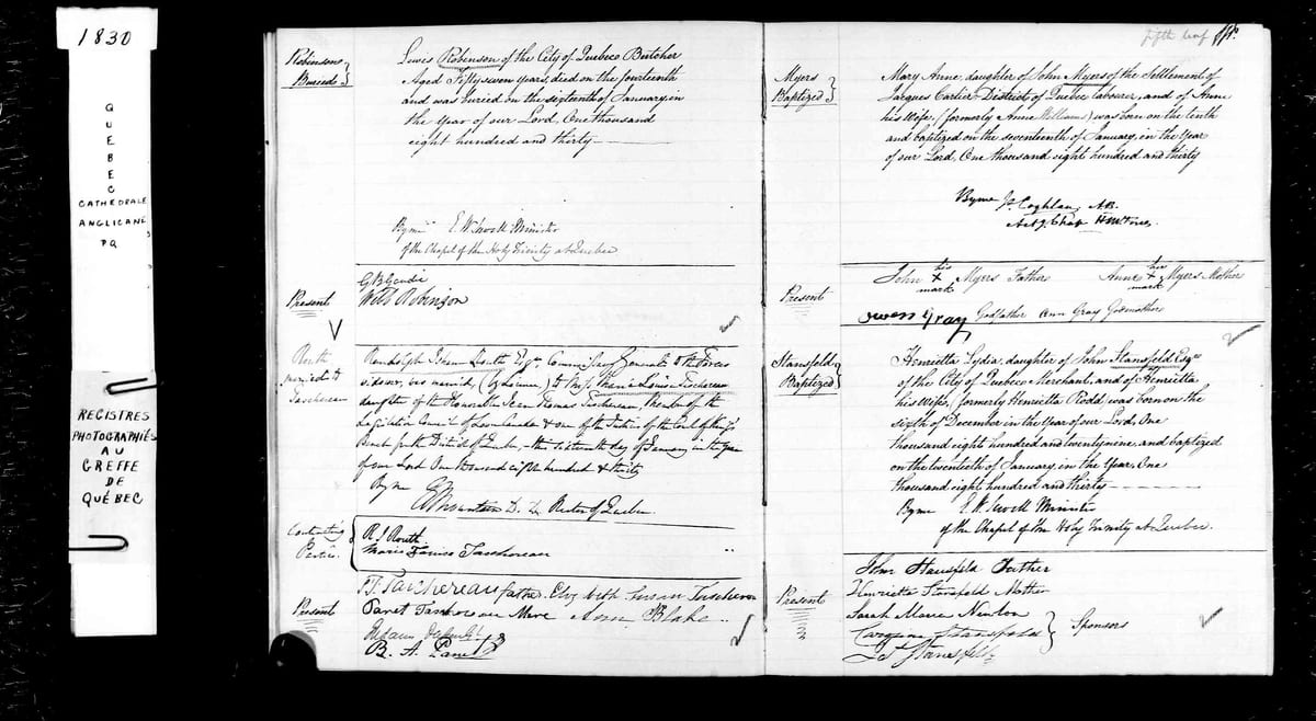 Acte de mariage de Randolph-Isham Routh et de Marie-Louise Taschereau, cathédrale anglicane Holy Trinity de Québec, 16 janvier 1830
